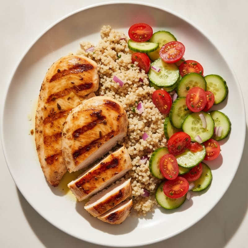 Grilled Chicken Breast with Quinoa and Crunchy Cucumber Tomato Salad