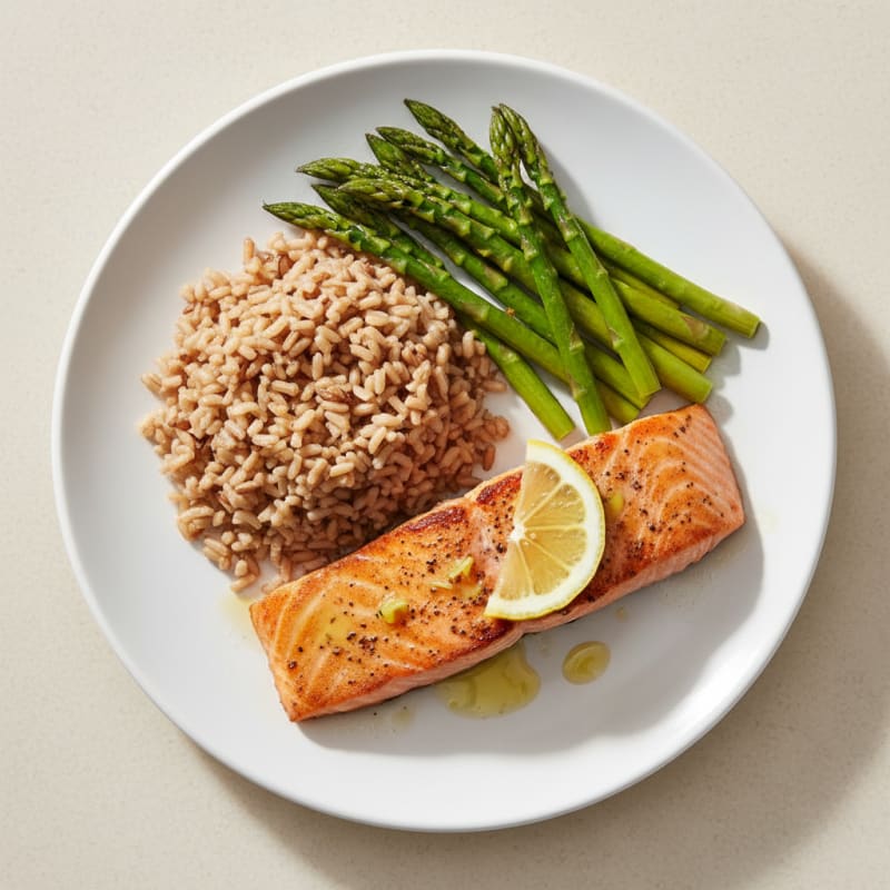 Seared Salmon Filet with Steamed Asparagus and Brown Rice