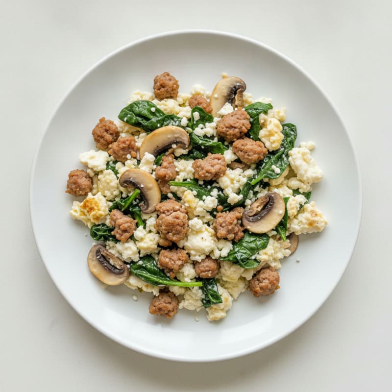 Egg White Spinach Scramble with Turkey Sausage and Sautéed Mushrooms
