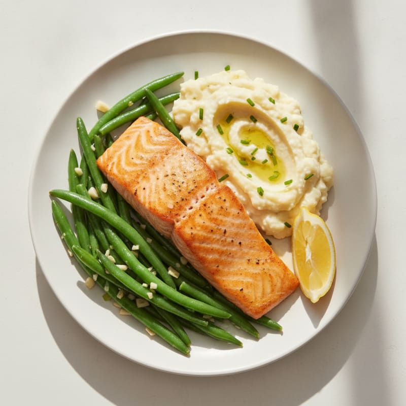 Seared Salmon with Garlic Green Beans and Mashed Cauliflower