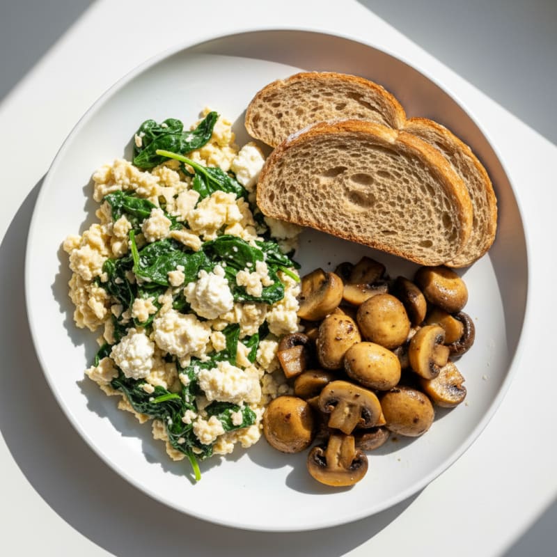 Egg White Spinach Scramble with Cottage Cheese and Sautéed Mushrooms
