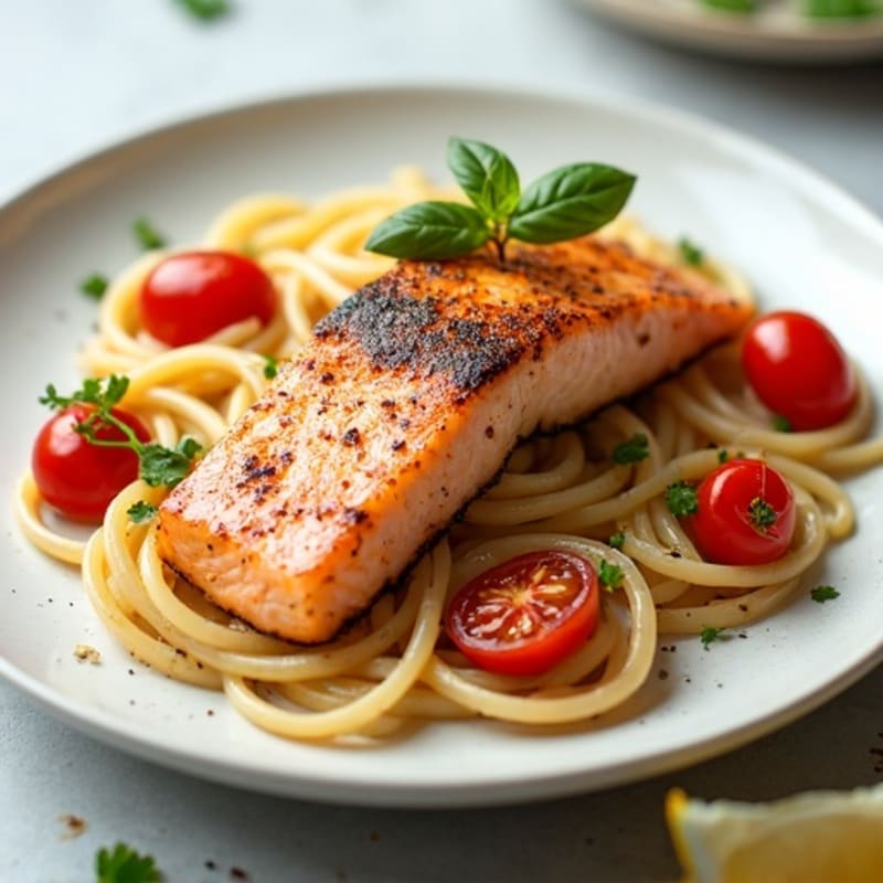 Seared Salmon Pasta with Roasted Cherry Tomatoes