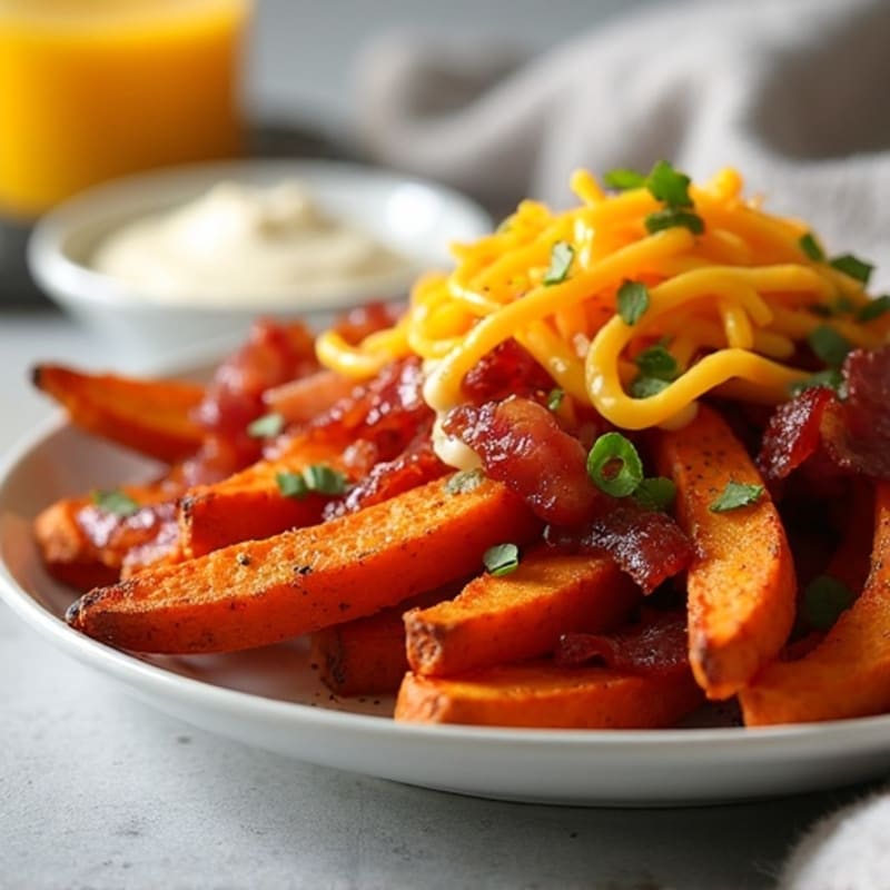 Crispy Roasted Sweet Potato Fries with Savory Bacon and Cheesy Drizzle