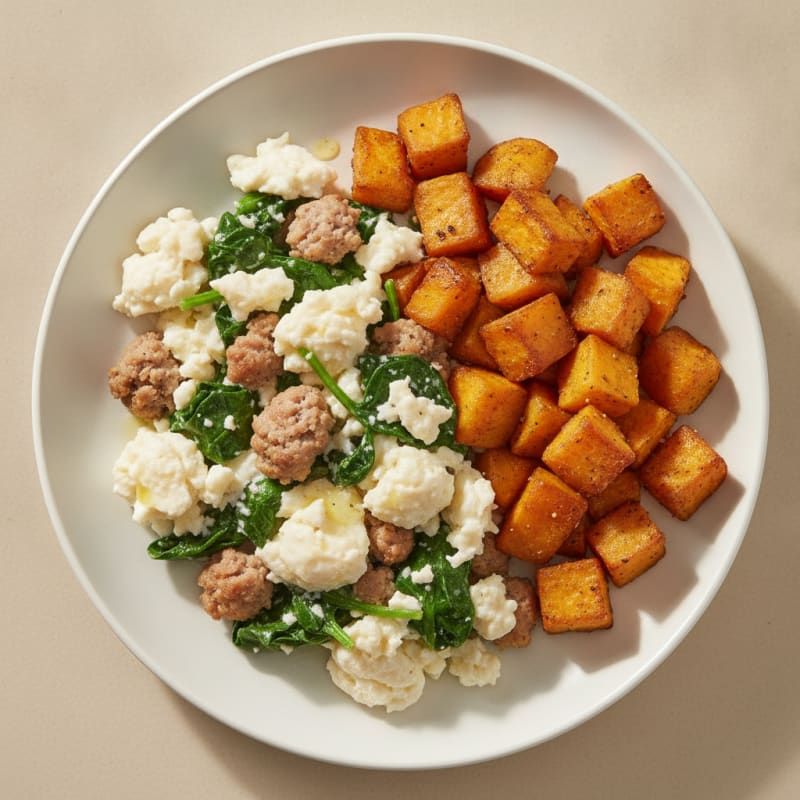 Egg White and Turkey Sausage Scramble with Spinach and Roasted Sweet Potatoes
