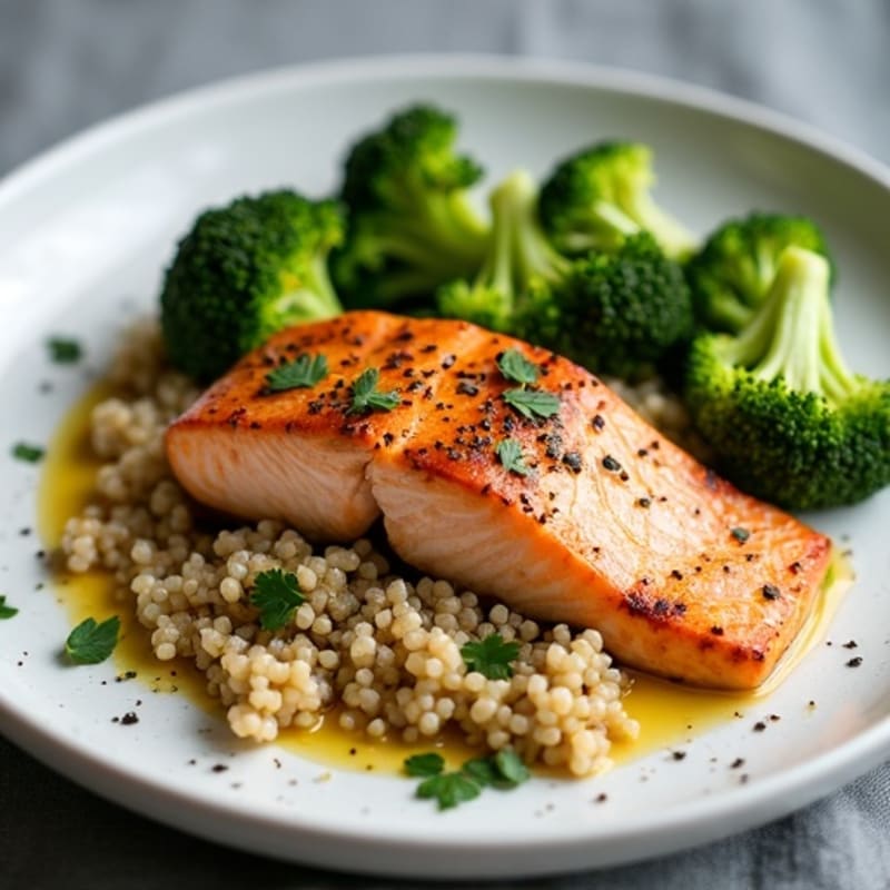 Seared Salmon Fillet with Roasted Broccoli and Quinoa