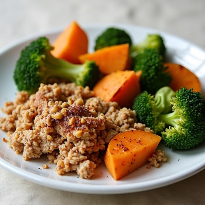 Lean Ground Turkey and Crispy Roasted Broccoli with Sweet Potato