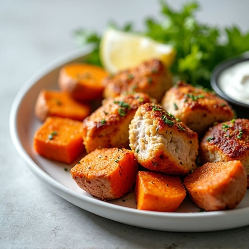 Spiced Chicken and Roasted Sweet Potato Bites with Creamy Yogurt Dip