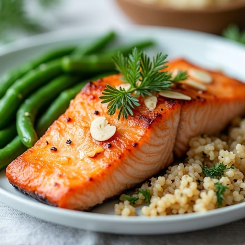 Seared Salmon Fillet with Steamed Green Beans and Herb Brown Rice