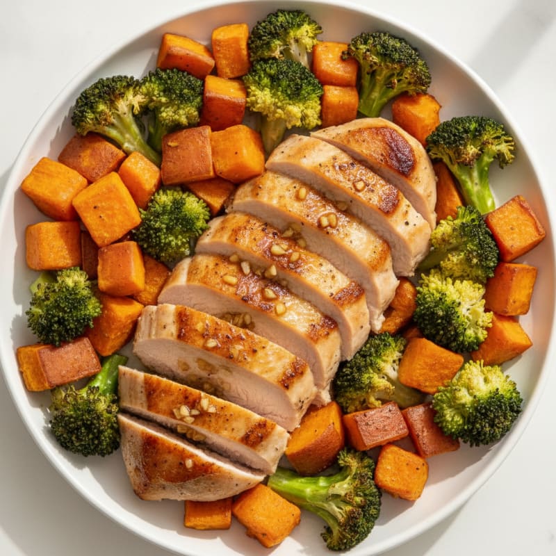 Seared Turkey Breast with Roasted Broccoli and Sweet Potato