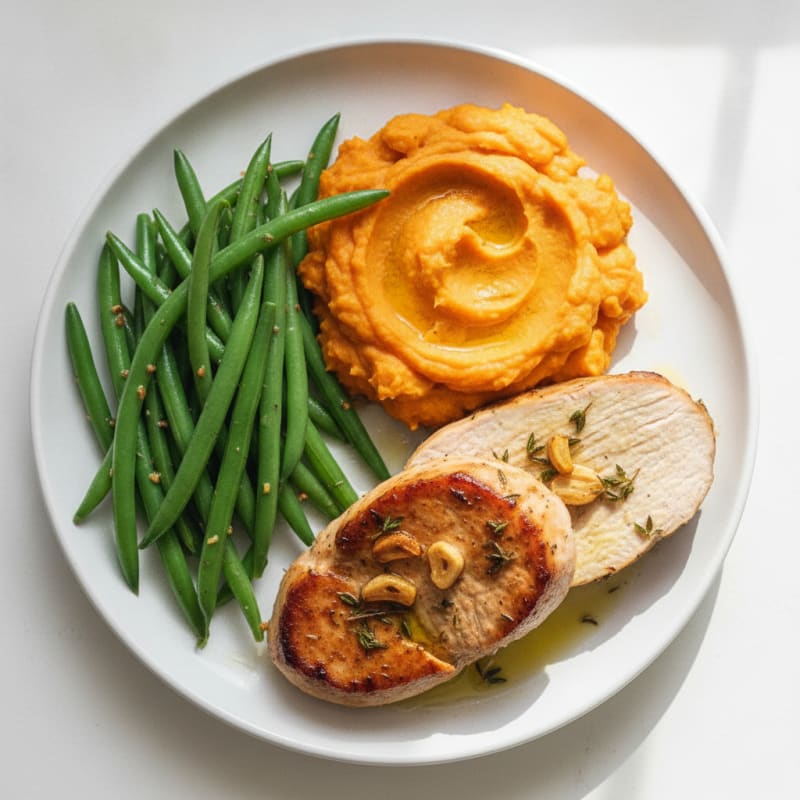 Seared Turkey Breast with Steamed Green Beans and Sweet Potato Mash
