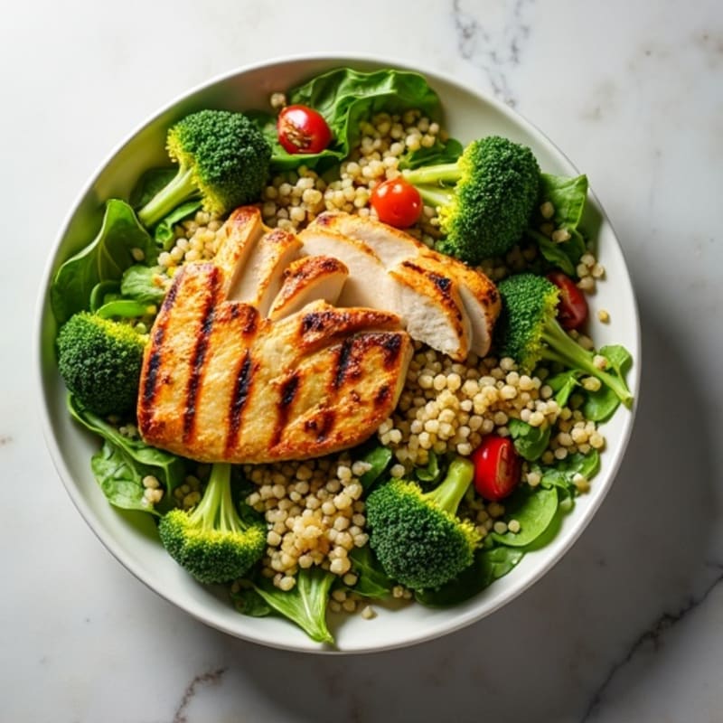 Grilled Chicken Breast Salad with Quinoa and Roasted Broccoli