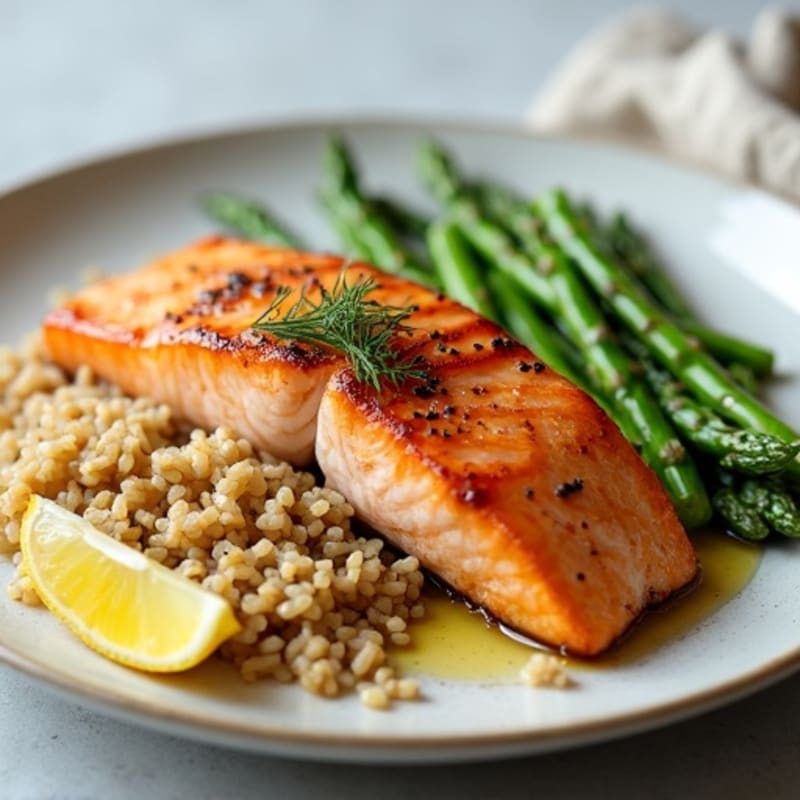 Seared Salmon with Steamed Asparagus and Brown Rice