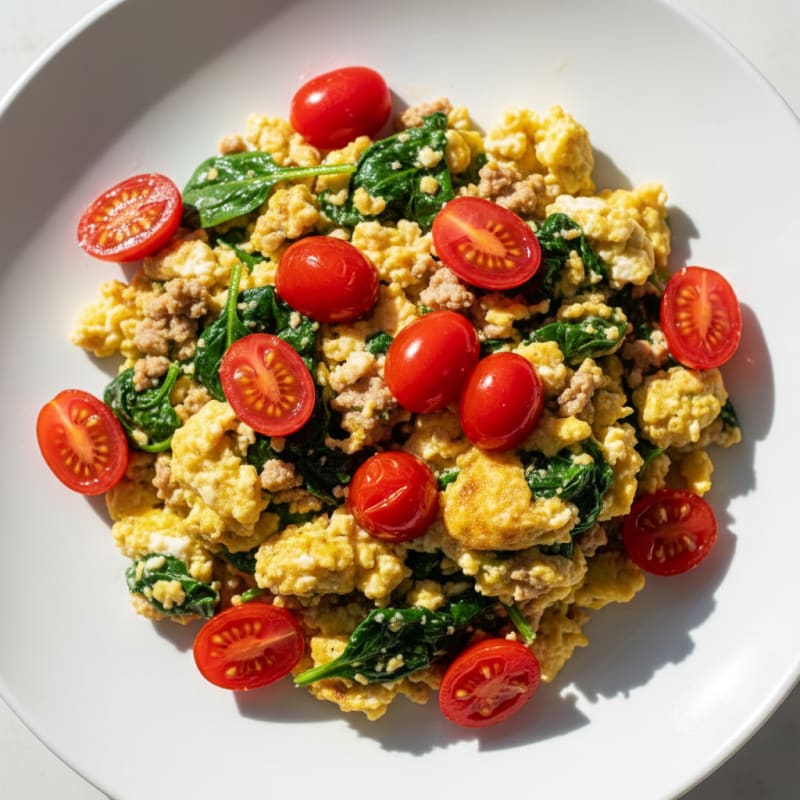 Turkey Spinach Scramble with Cottage Cheese and Cherry Tomatoes