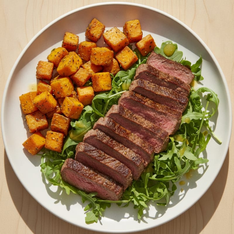Seared Lean Beef Strips with Roasted Sweet Potato and Arugula Salad