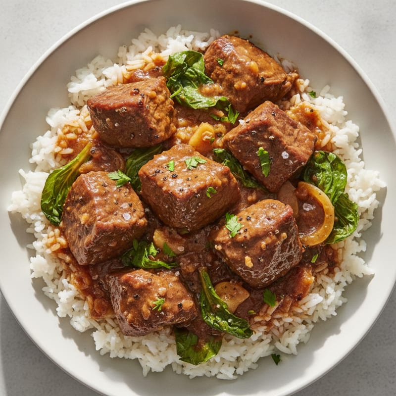Braised Beef and Rice with Spring Greens
