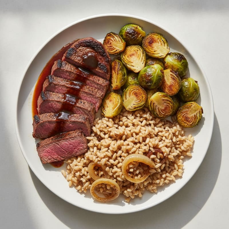Grilled Steak with Roasted Brussels Sprouts and Brown Rice