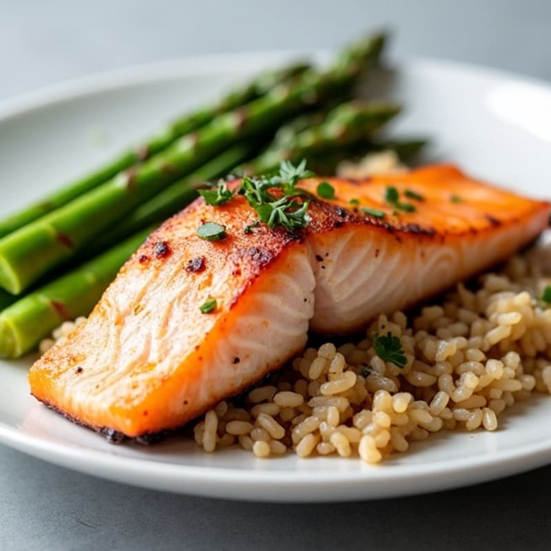 Seared Salmon with Steamed Asparagus and Brown Rice