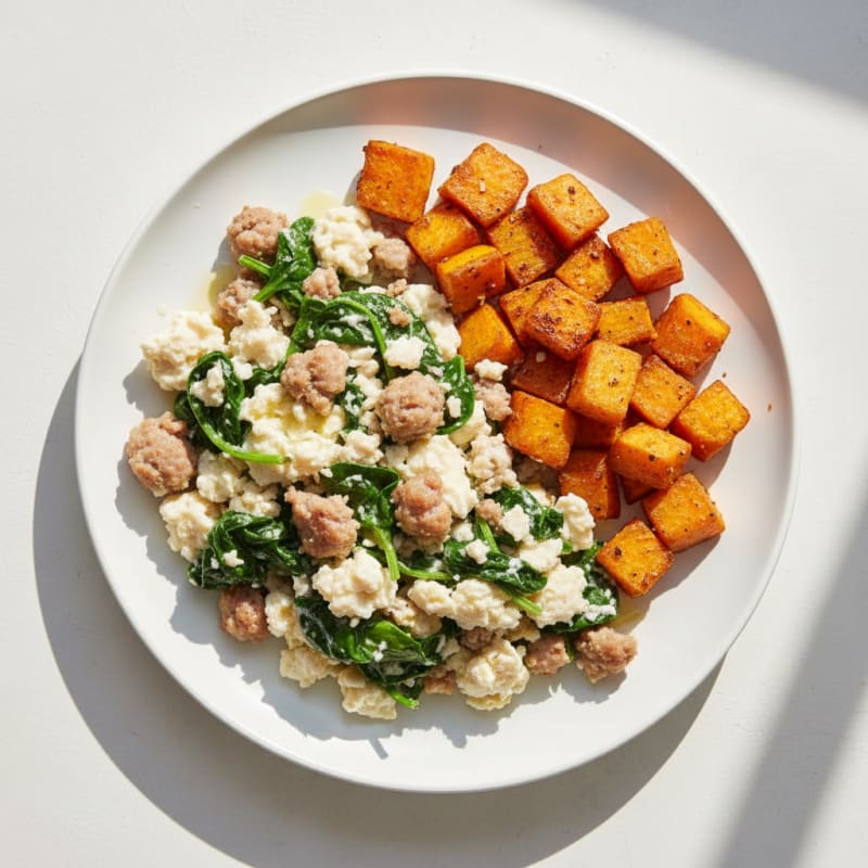 Egg White and Turkey Sausage Scramble with Spinach and Roasted Sweet Potato