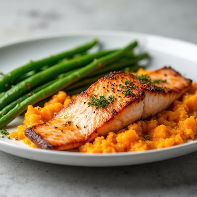 Seared Salmon with Garlic Green Beans and Sweet Potato Mash