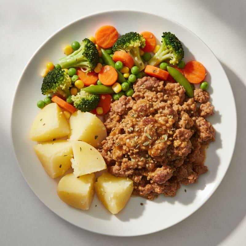 Seared Ground Beef with Steamed Potatoes and Mixed Vegetables