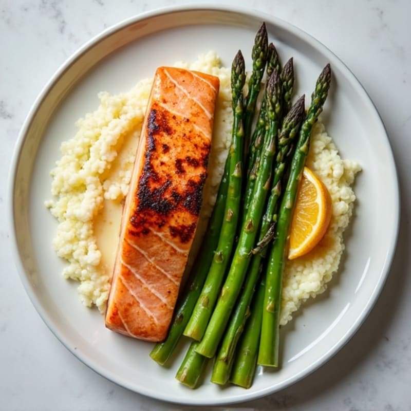 Seared Salmon Fillet with Roasted Asparagus and Cauliflower Mash