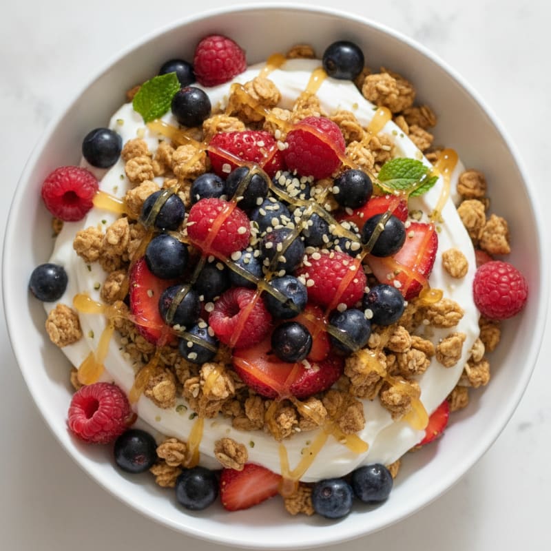 Greek Yogurt Parfait with Protein Granola and Mixed Berries