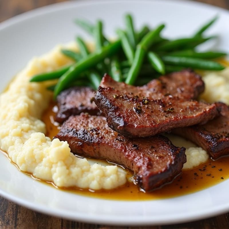 Seared Lean Beef Strips with Steamed Green Beans and Cauliflower Mash