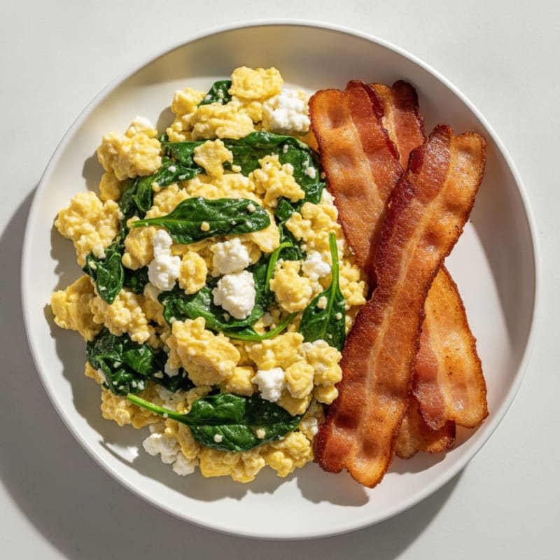 Cottage Cheese Egg Scramble with Spinach and Turkey Bacon