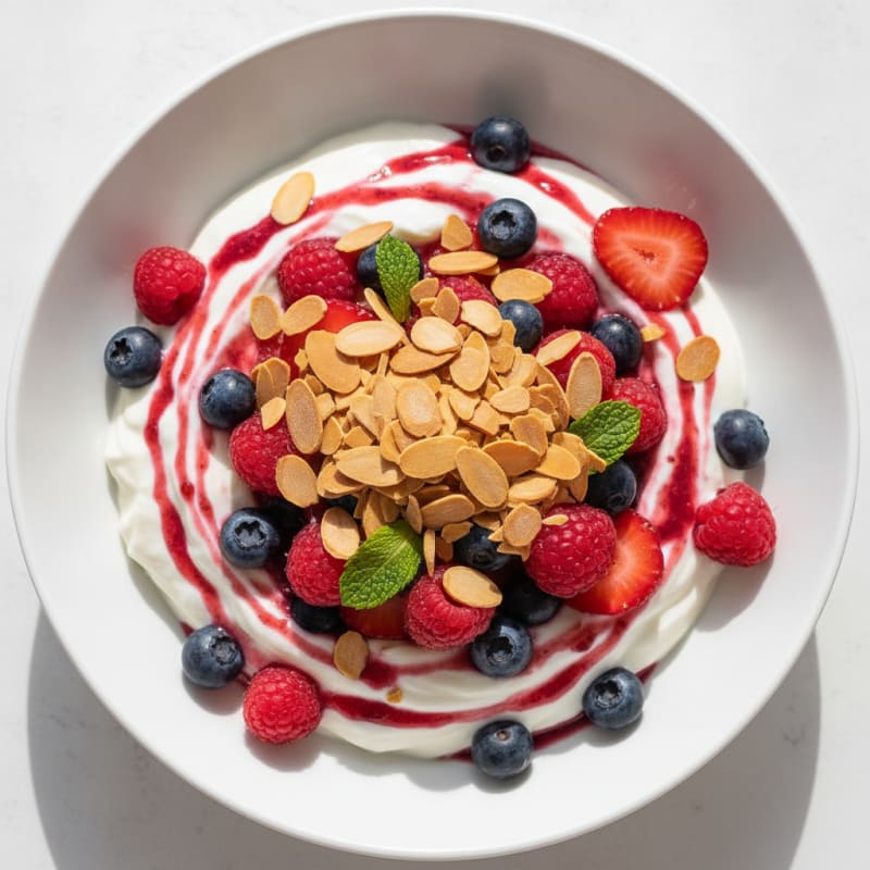 Greek Yogurt Protein Parfait with Mixed Berries and Almonds