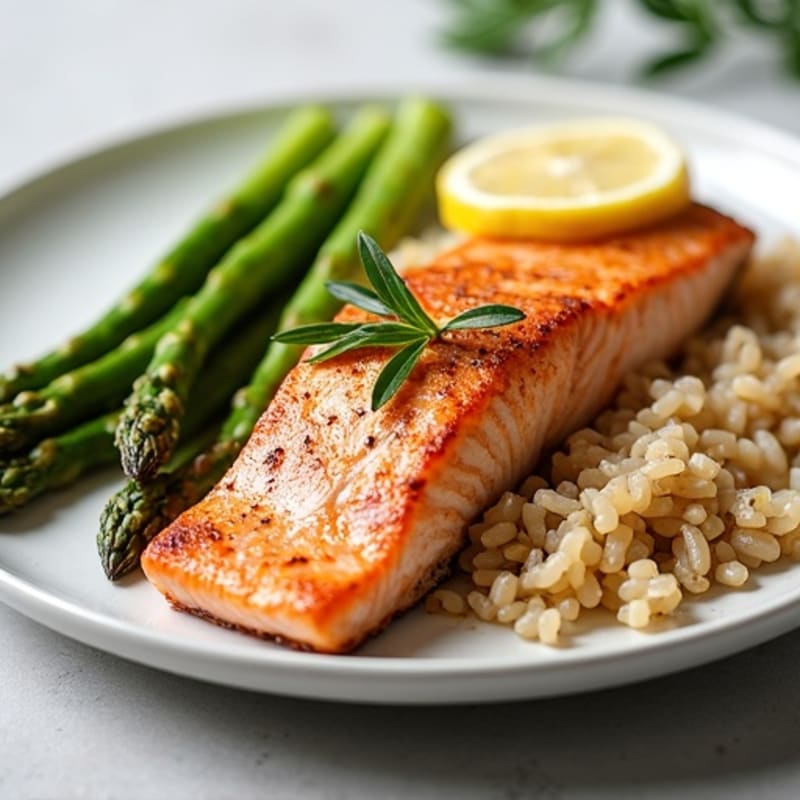 Seared Salmon with Steamed Asparagus and Brown Rice
