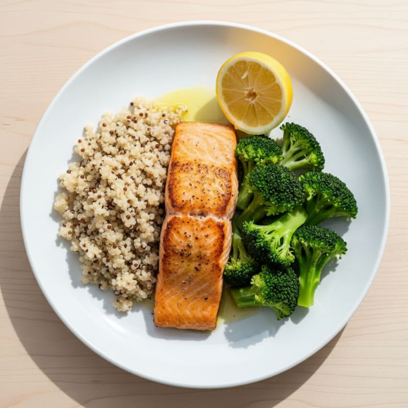 Seared Salmon Fillet with Steamed Broccoli and Quinoa
