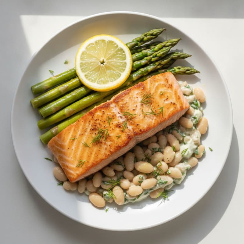 Seared Salmon with Creamy White Beans and Steamed Asparagus