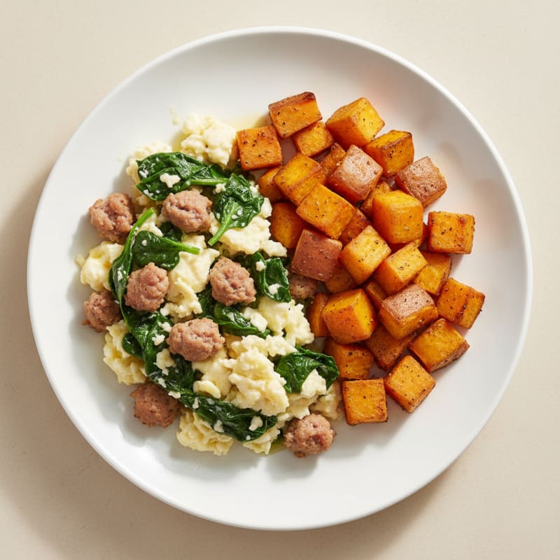 Egg White and Turkey Sausage Scramble with Spinach and Roasted Sweet Potatoes