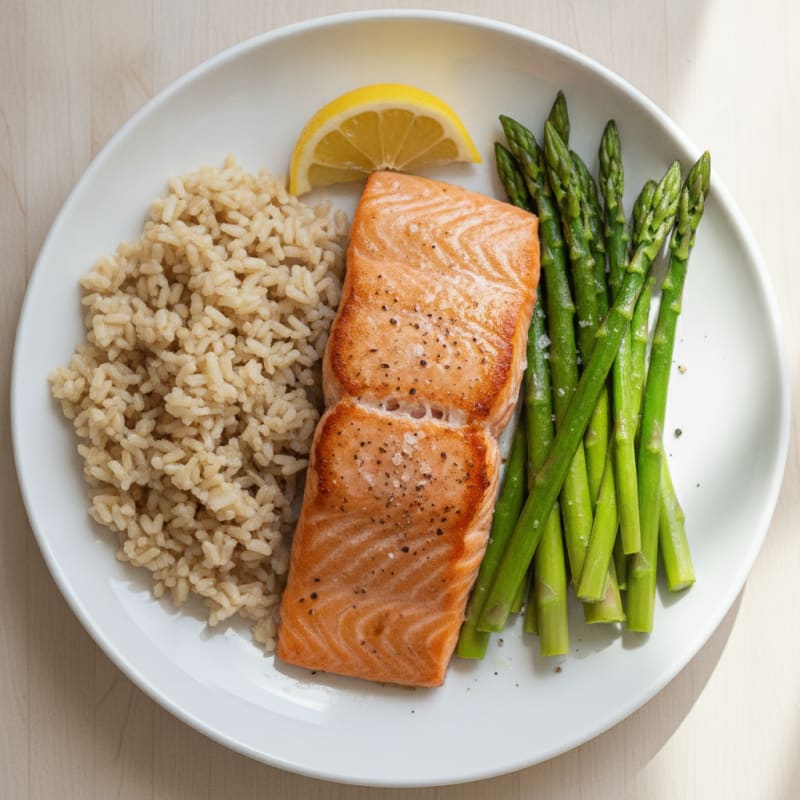 Seared Salmon with Steamed Asparagus and Brown Rice