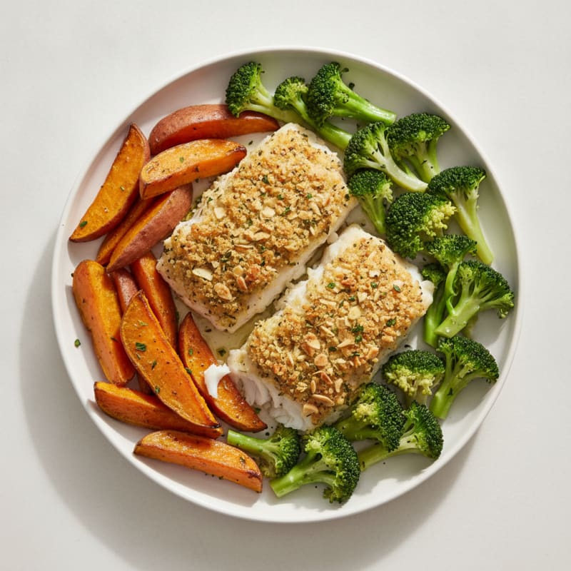 Herb-Crusted Cod with Roasted Sweet Potato and Steamed Broccoli