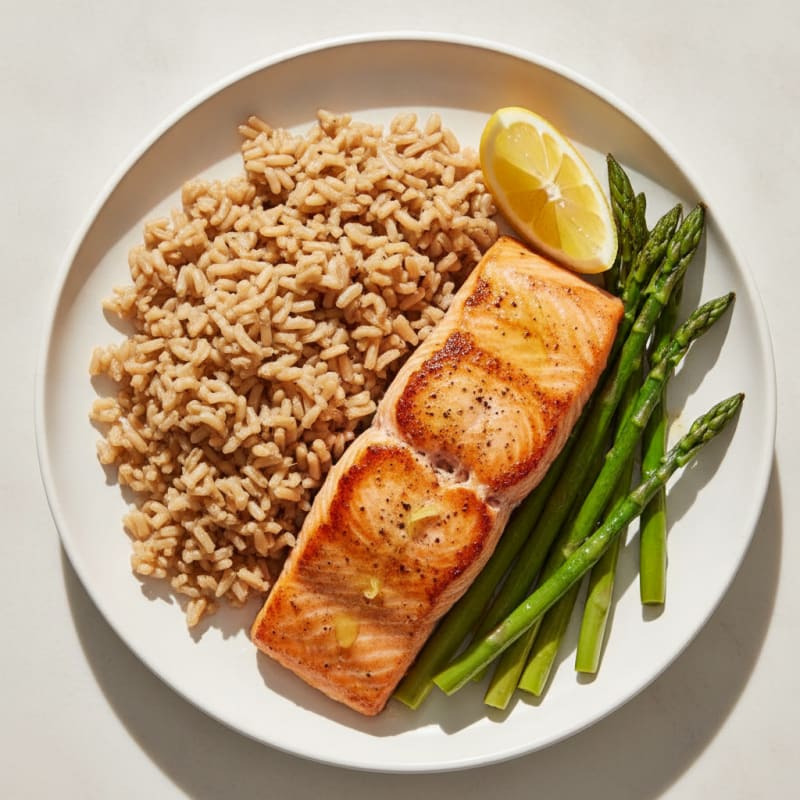 Seared Salmon with Steamed Asparagus and Brown Rice