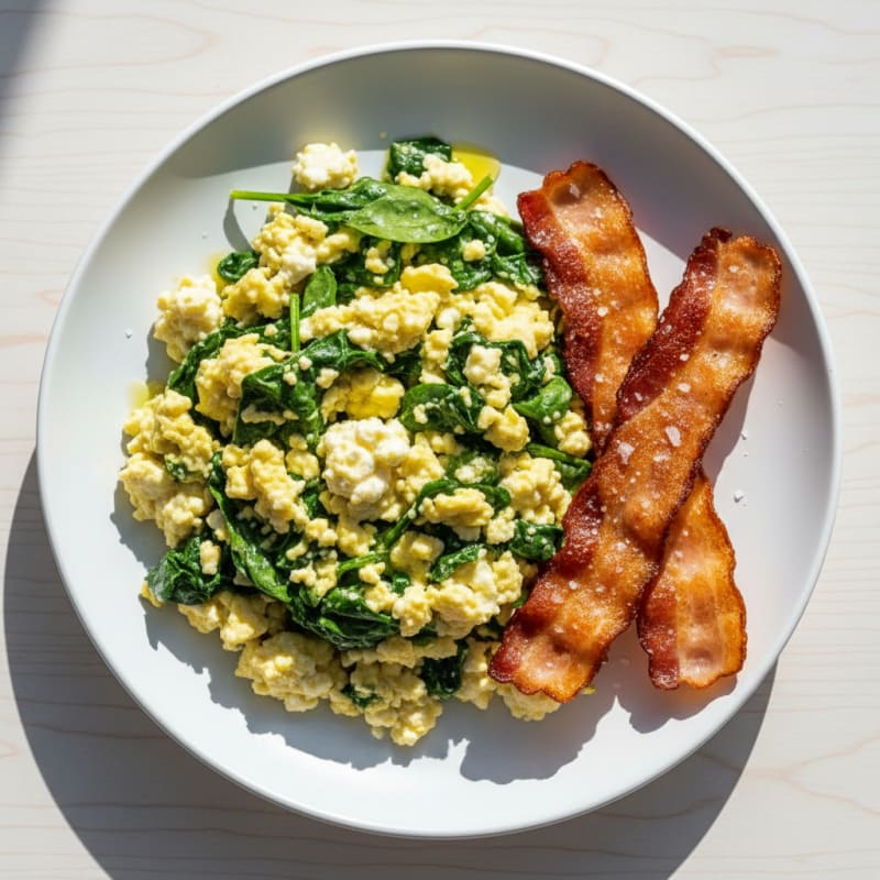 Cottage Cheese Egg Scramble with Spinach and Turkey Bacon