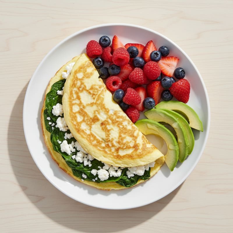 Egg White Spinach Omelette with Cottage Cheese and Fresh Berries