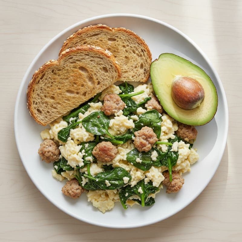 Egg White and Turkey Sausage Scramble with Sautéed Spinach