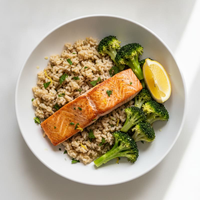 Seared Salmon with Steamed Broccoli and Lemon Herb Rice
