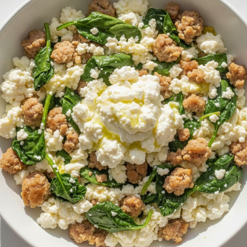 Egg White and Turkey Sausage Scramble with Spinach and Cottage Cheese