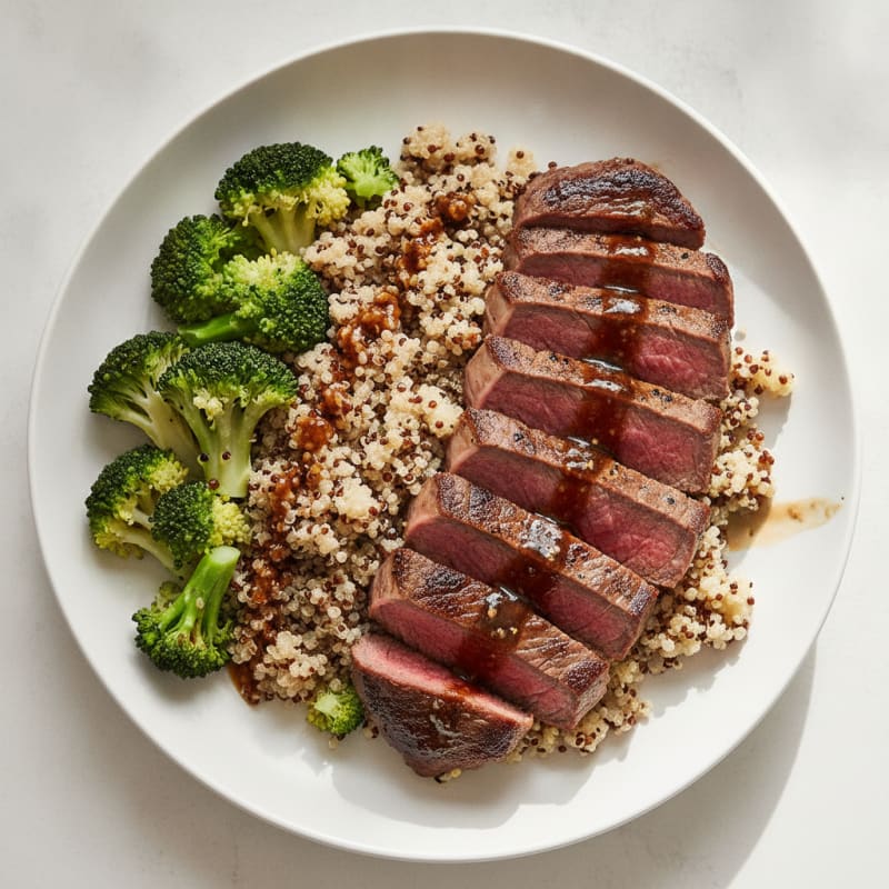 Seared Lean Beef with Steamed Broccoli and Quinoa