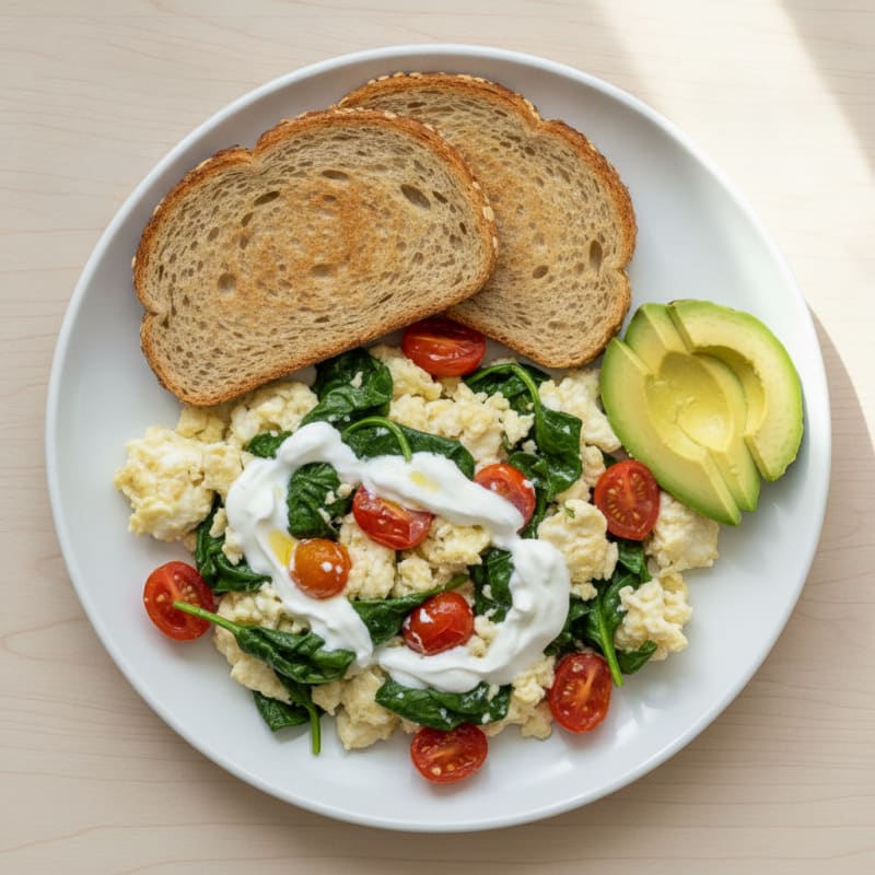 Greek Yogurt and Egg White Scramble with Spinach and Cherry Tomatoes