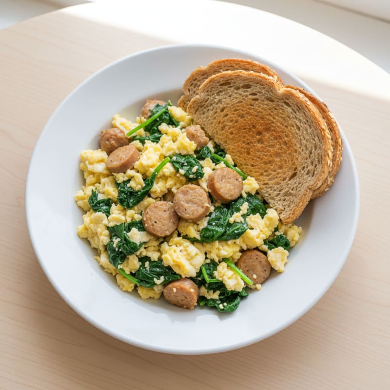 Egg White Spinach Scramble with Turkey Sausage