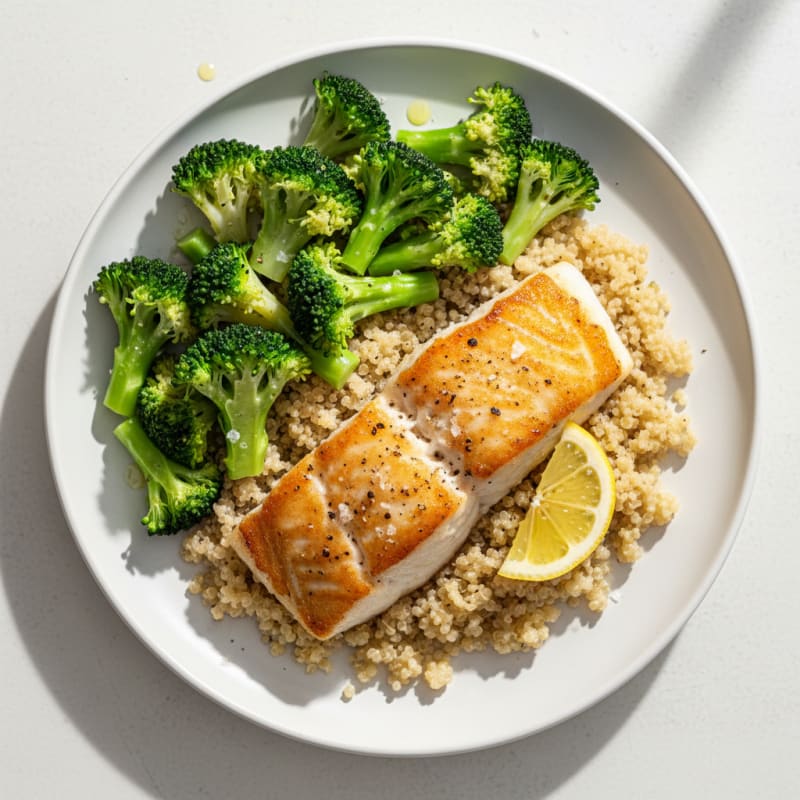 Seared Cod with Steamed Broccoli and Quinoa
