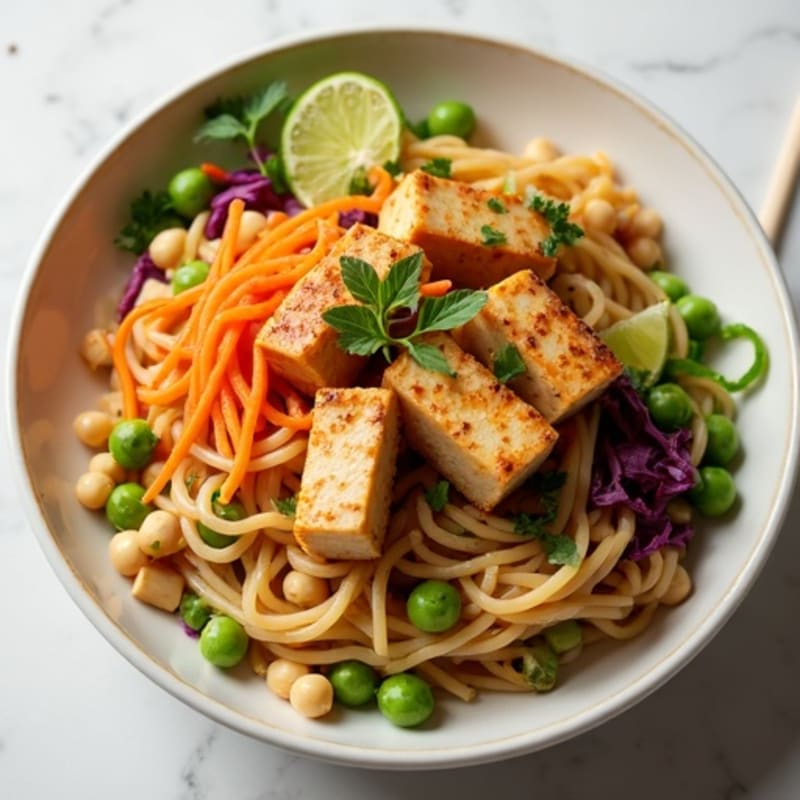 Creamy Thai Peanut Noodles with Crispy Tofu and Fresh Vegetables