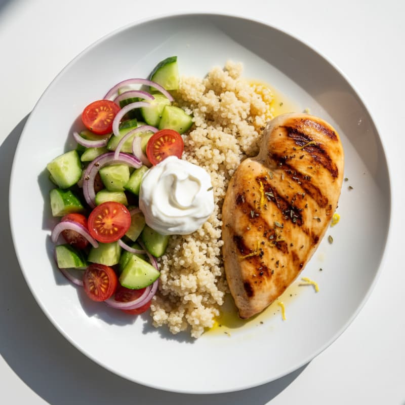 Grilled Chicken Breast with Quinoa and Crunchy Cucumber Tomato Salad