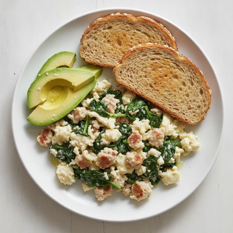 Egg White Scramble with Turkey Sausage and Sautéed Spinach