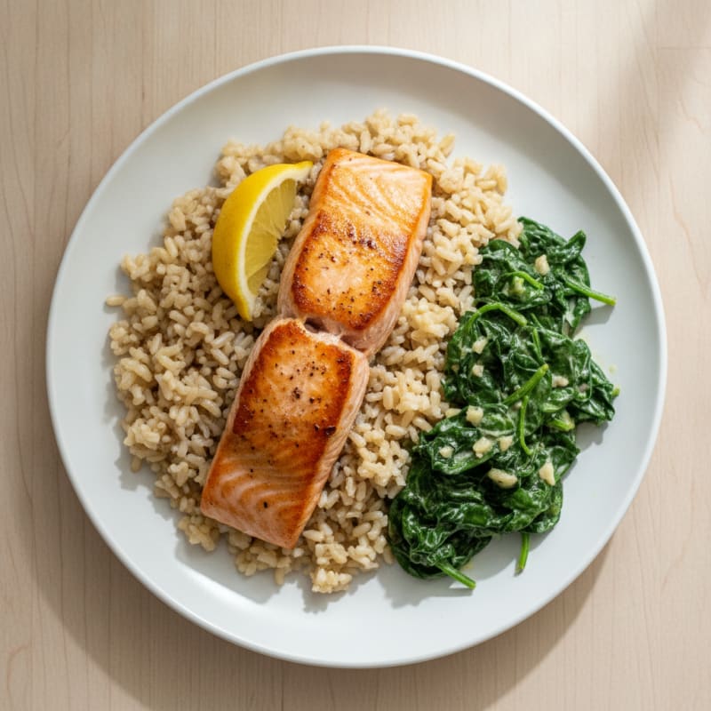 Seared Salmon with Creamy Spinach and Brown Rice