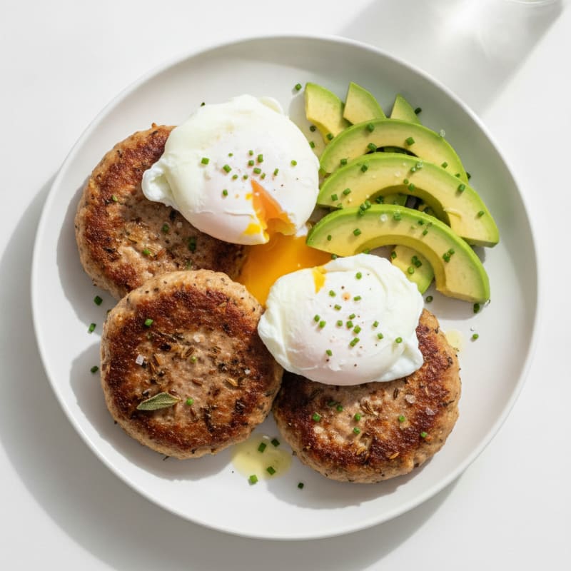 Grilled Sausage Patties with Poached Eggs and Avocado